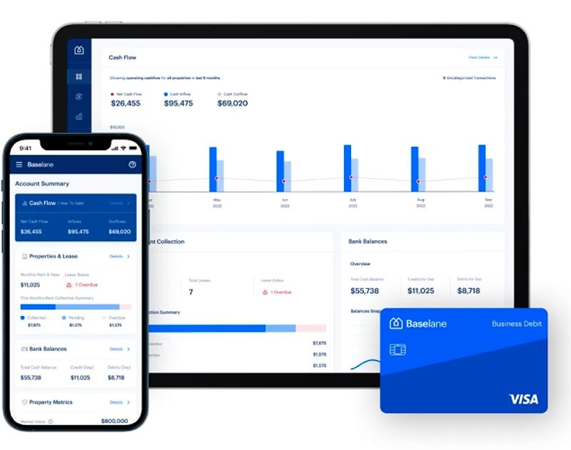 Baselane dashboard on computer and phone