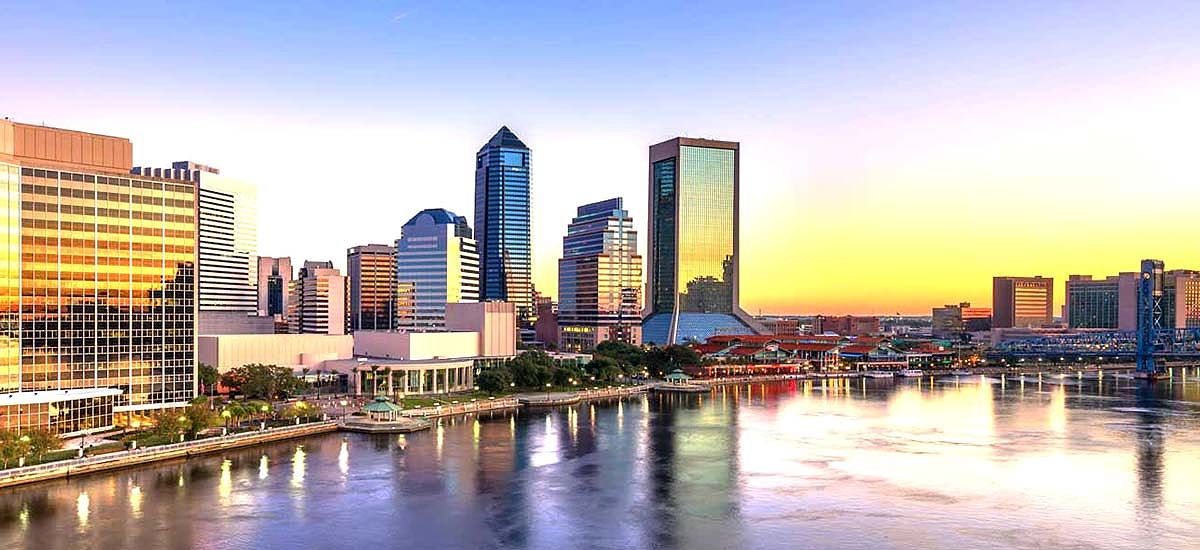 Jacksonville skyline of buildings at sunrise